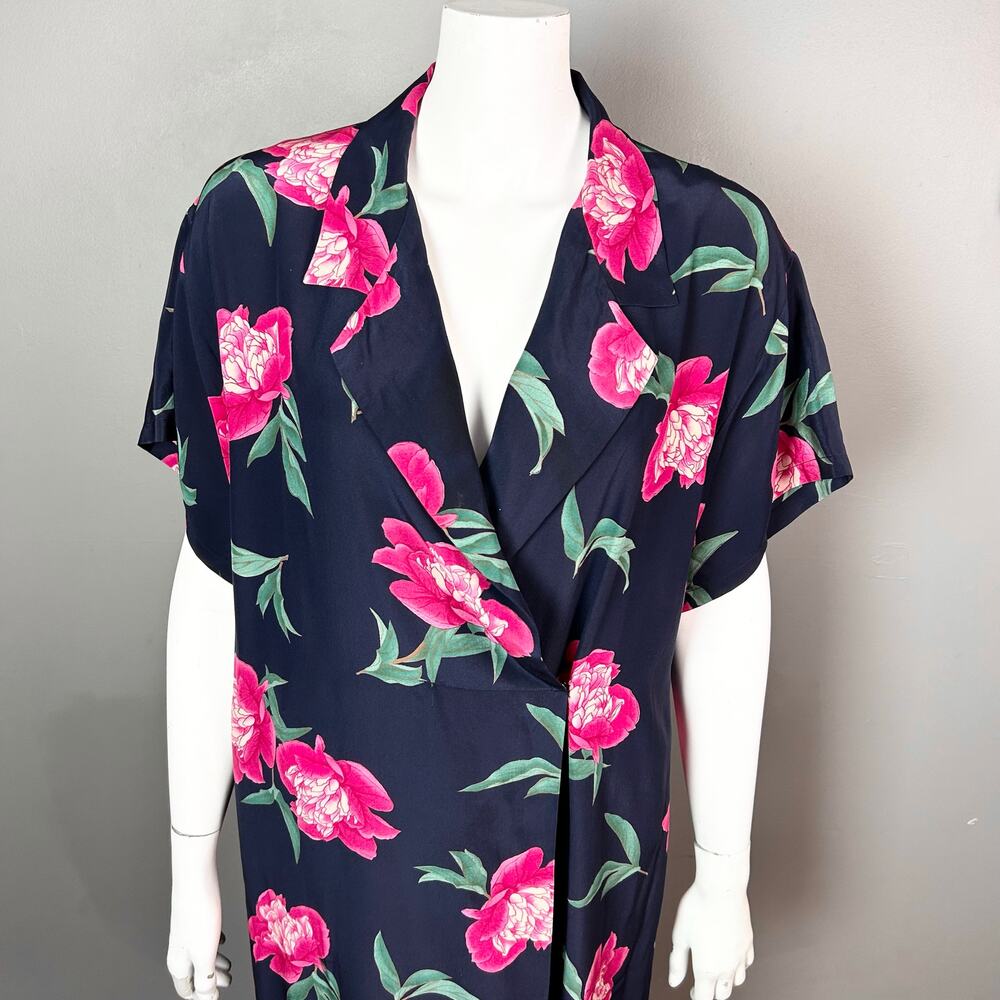 Vintage Wrap Dress Size 4 Fine Silk Floral‎ Navy Pink 50s 60s luxury modest long